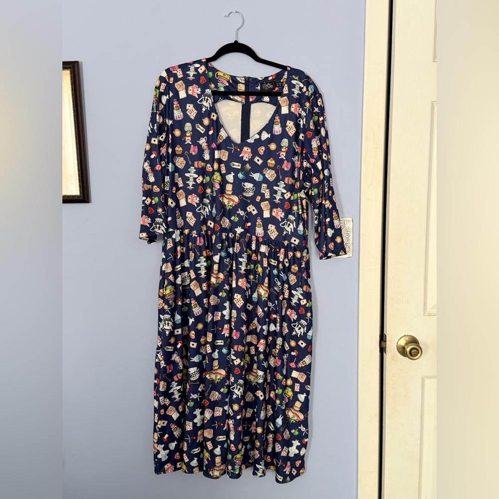 Dolly & Dotty Navy Blue Alice in Wonderland Patterned Women's Dress